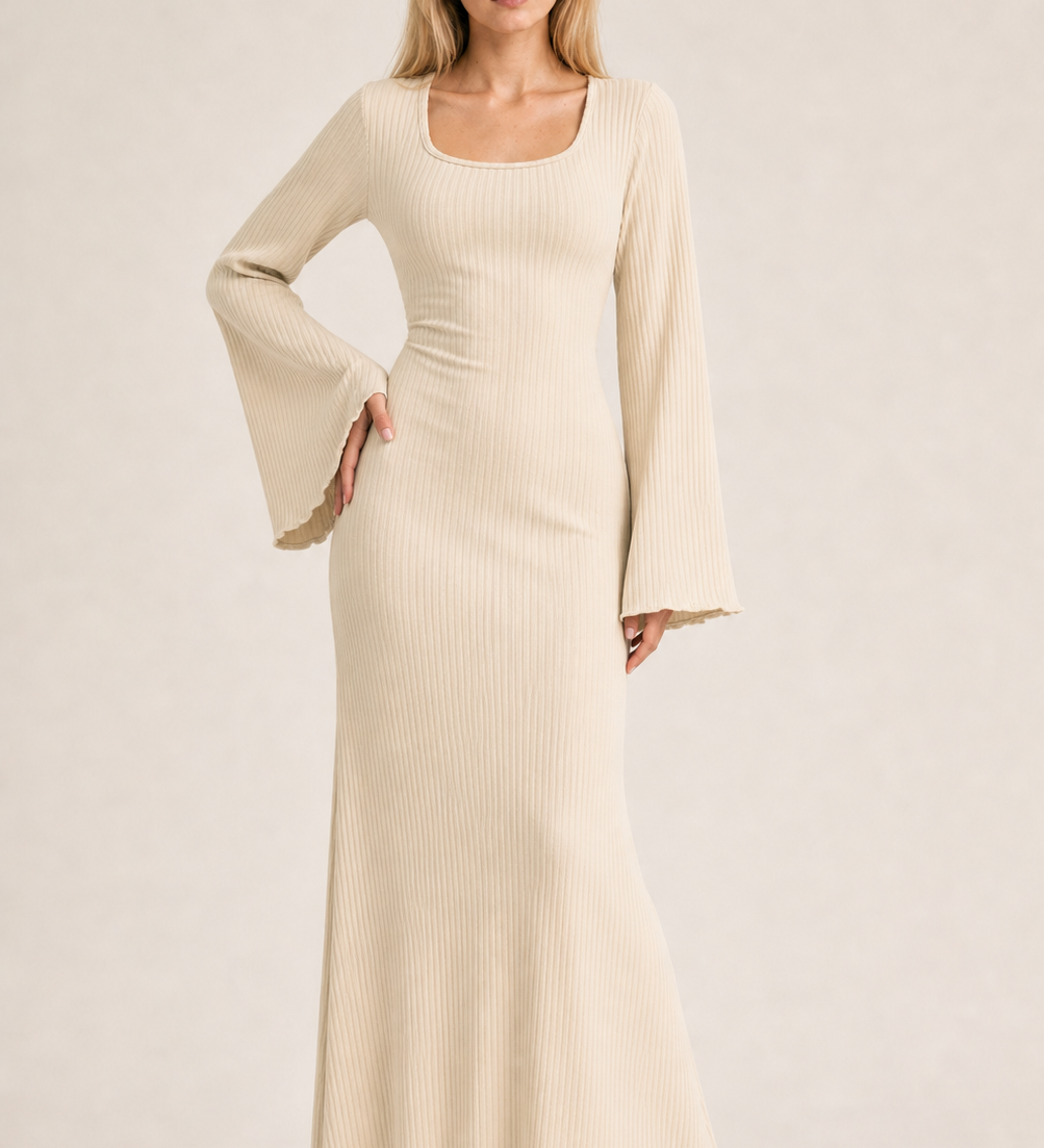 Loose U-Neck Back Tie Detail Long Sleeve Dress