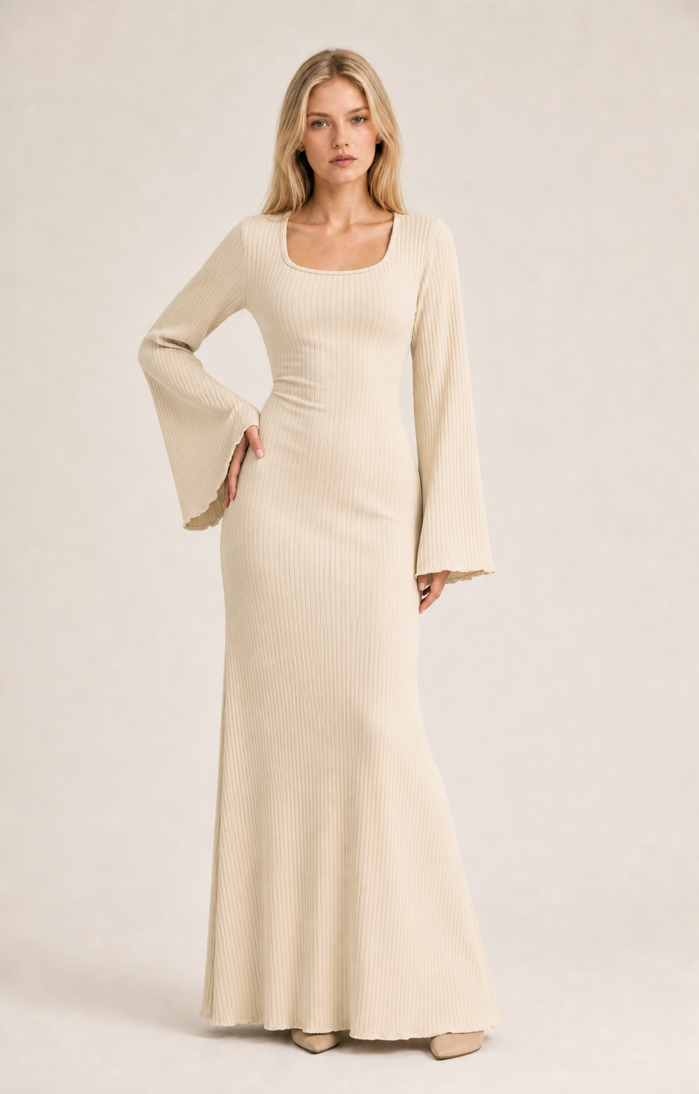 Loose U-Neck Back Tie Detail Long Sleeve Dress