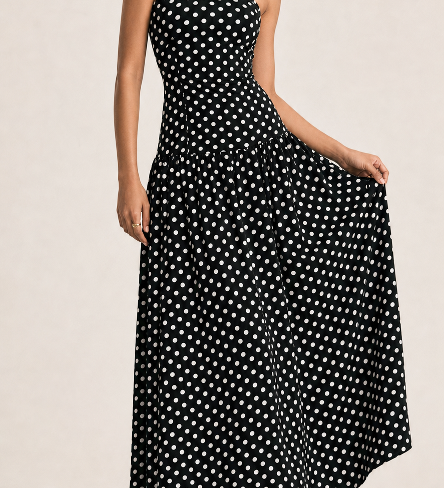 Polka Dot High Neck Sleeveless Long Dress