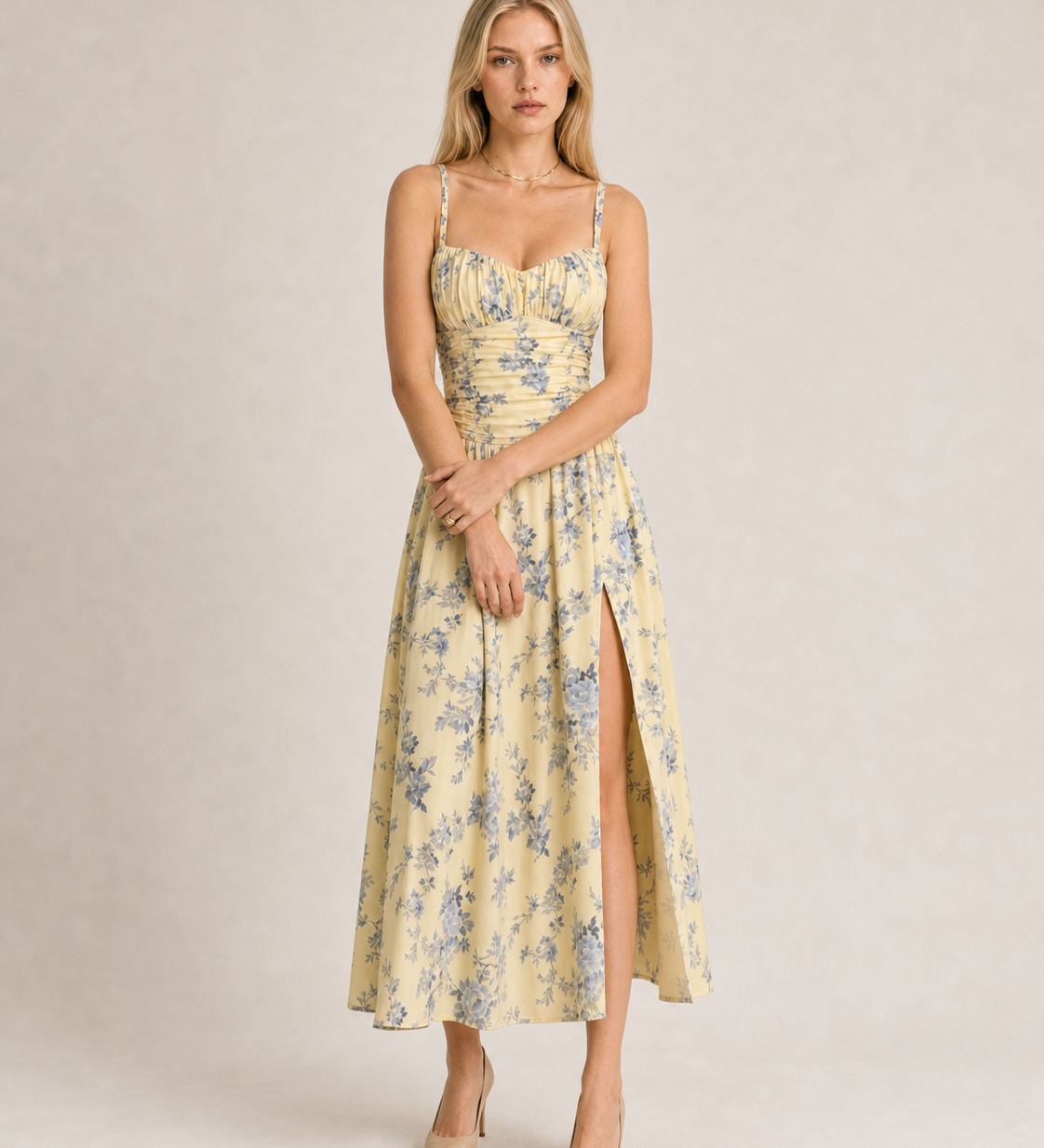 Elegant Floral Suspender Slit Dress