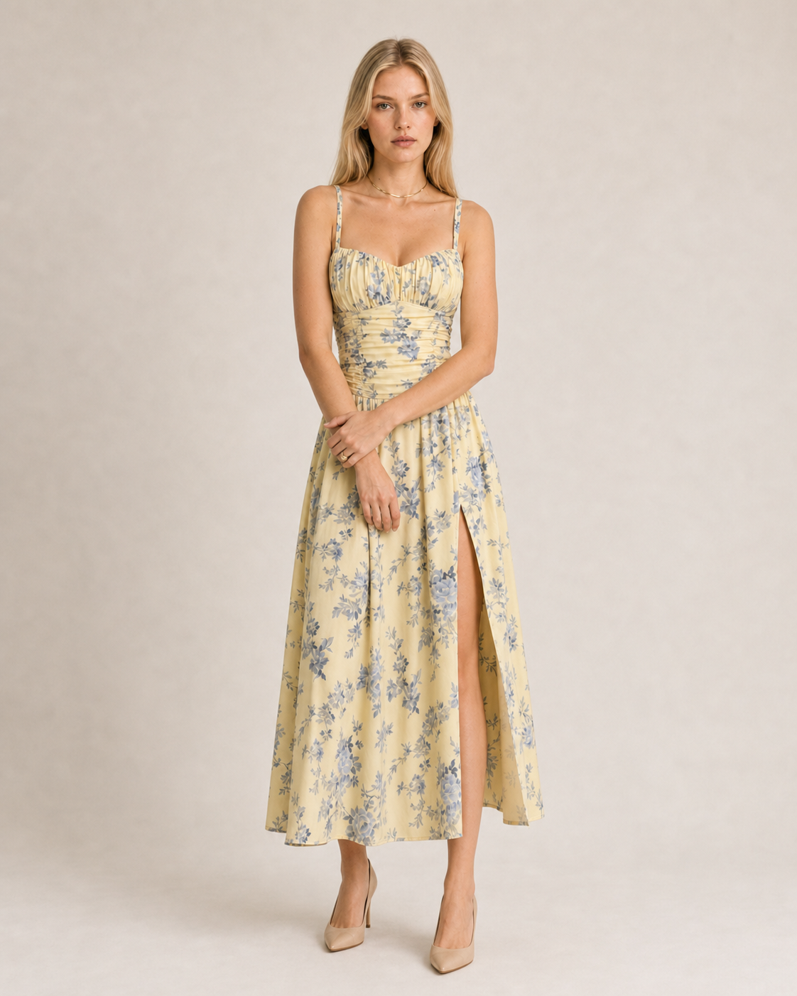 Elegant Floral Suspender Slit Dress