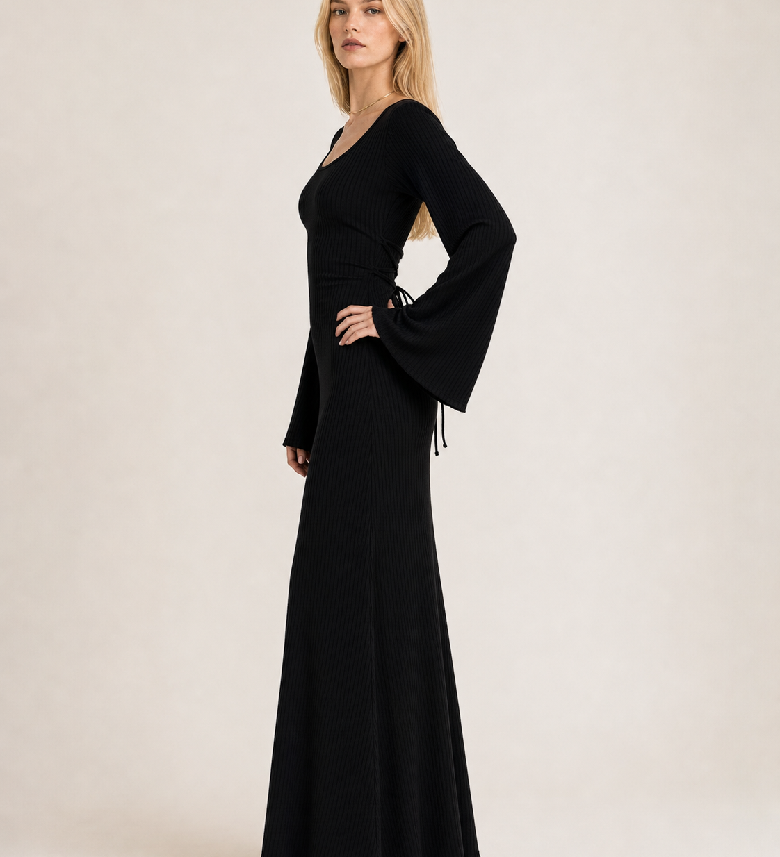 Loose U-Neck Back Tie Detail Long Sleeve Dress