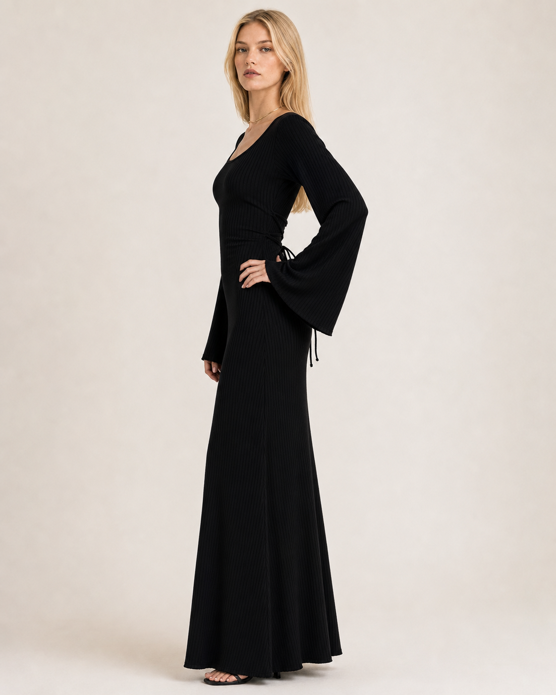 Loose U-Neck Back Tie Detail Long Sleeve Dress