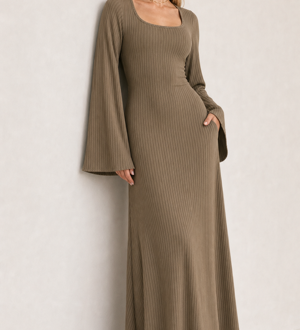 Loose U-Neck Back Tie Detail Long Sleeve Dress