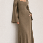 Loose U-Neck Back Tie Detail Long Sleeve Dress