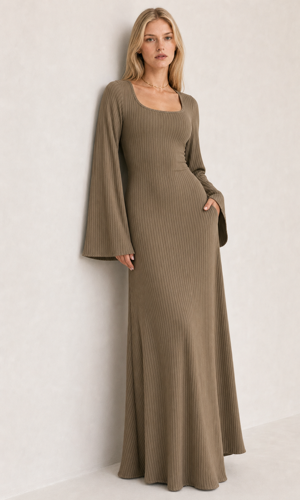 Loose U-Neck Back Tie Detail Long Sleeve Dress
