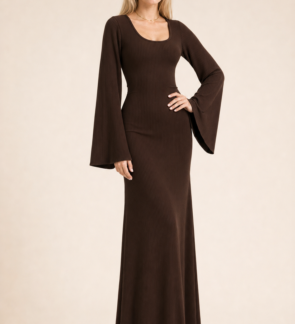 Loose U-Neck Back Tie Detail Long Sleeve Dress