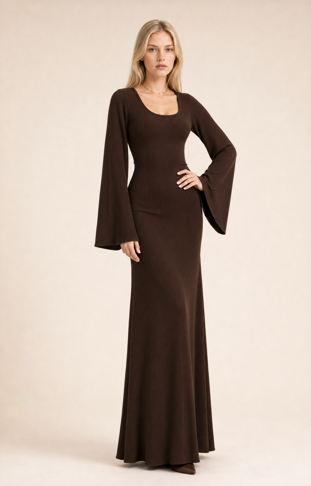 Loose U-Neck Back Tie Detail Long Sleeve Dress