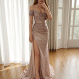 Women Sequined One-Line Collar Long Sleeveless Dress