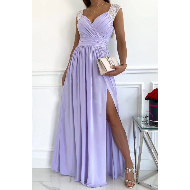 Sleeveless Lace Hem Slit Dress