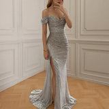Women Sequined One-Line Collar Long Sleeveless Dress