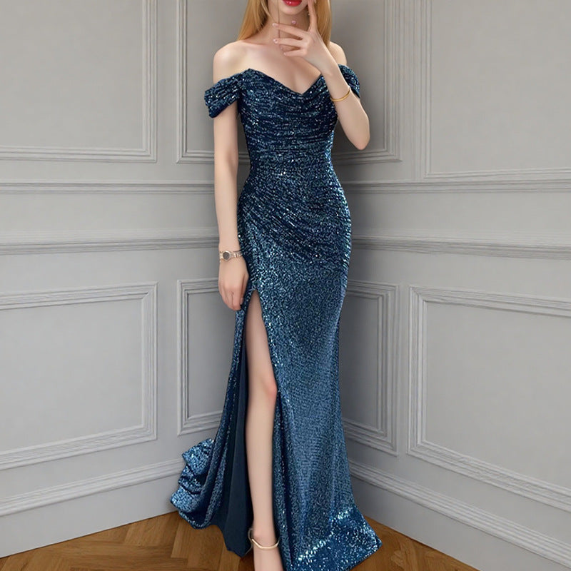 Women Sequined One-Line Collar Long Sleeveless Dress