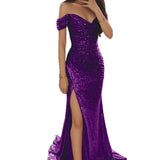 Women Sequined One-Line Collar Long Sleeveless Dress