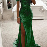Women Sequined One-Line Collar Long Sleeveless Dress