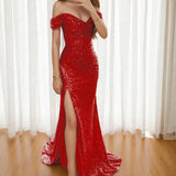 Women Sequined One-Line Collar Long Sleeveless Dress