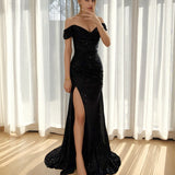 Women Sequined One-Line Collar Long Sleeveless Dress